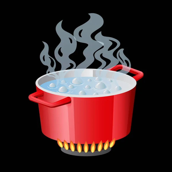 Sartén roja, cacerola, olla, cazuela, cocina, estofado con agua hirviendo y el vector de tapa de la cacerola abierta aislado en blanco — Vector de stock