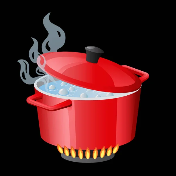 Sartén roja, cacerola, olla, cazuela, cocina, estofado con agua hirviendo y tapa cerrada vector aislado en blanco. Icono de cocina — Vector de stock