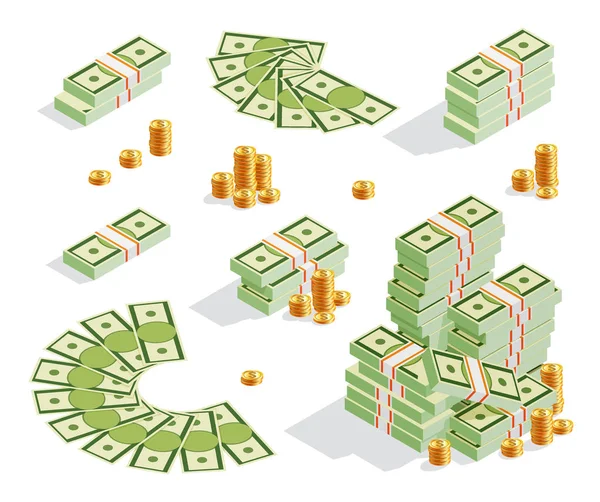 Set van stapel bankbiljetten, gouden munten, geld fan, cash — Stockvector