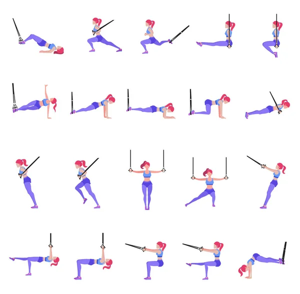 Набір жінок, які виконують різні вправи з гімнастичними кільцями TRX — стоковий вектор