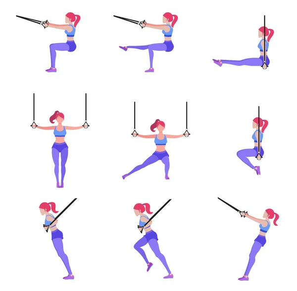 Ensemble de femmes faisant différents exercices avec des anneaux de gymnastique TRX — Image vectorielle