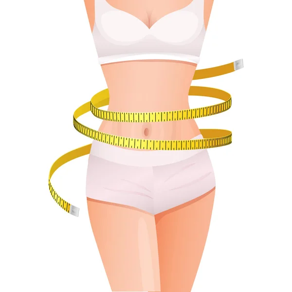 Cuerpo delgado de mujer con cinta métrica amarilla en la cintura — Vector de stock