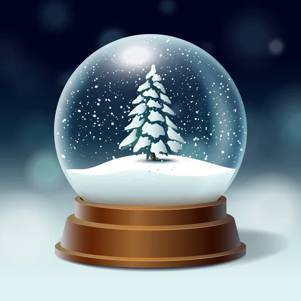 눈 덮인 크리스마스 나무, 가문비나무 내부 수정 구슬 — 스톡 벡터