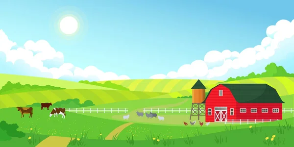 Colorful farm summer landscape, blue clear sky with sun, red barn — Stock Vector