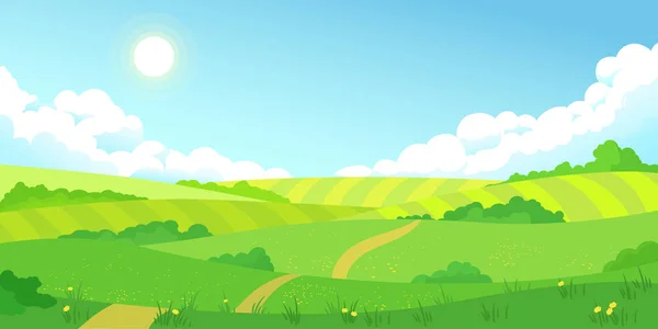 Verano colorido campos brillantes paisaje, hierba verde, cielo azul claro — Vector de stock