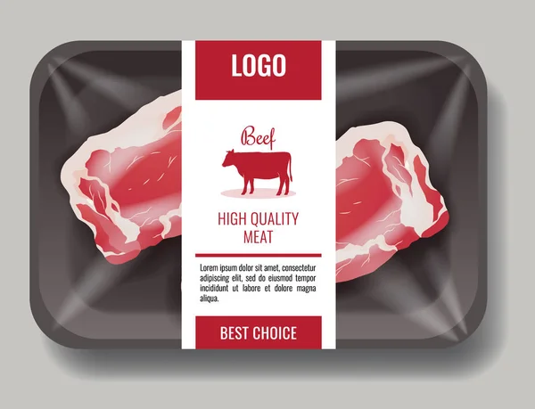 Hochwertige Produkte, Fleisch, Schweinefleisch und Rindfleisch in Verpackung mit Etikettenschablone — Stockvektor