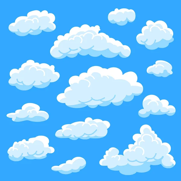 青い背景が曇り空で漫画雲を設定します。 — ストックベクタ