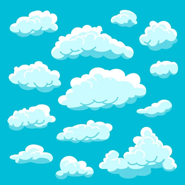 青い背景が曇り空で漫画雲を設定します。 — ストックベクタ