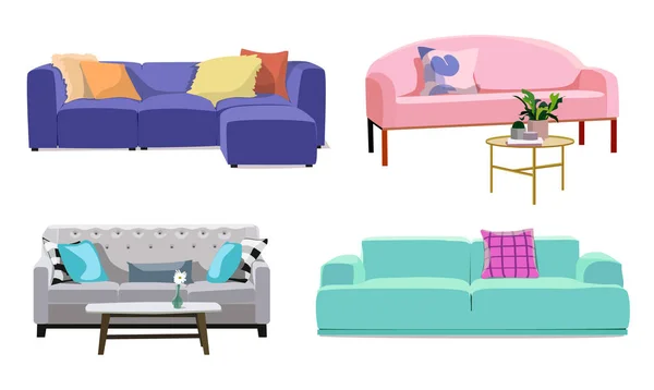 Set of modern colorful soft sofas with upholstery — Stock Vector