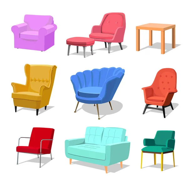 Ensemble de fauteuils et canapés modernes et colorés avec rembourrage — Image vectorielle