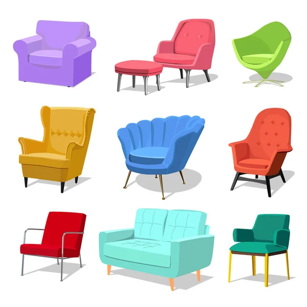 Conjunto de moderno y colorido sillón suave y sofá con tapicería — Vector de stock