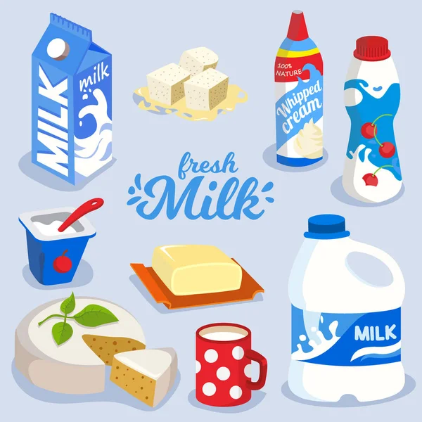 Uppsättning av mjölkprodukter, mejeri producerar i färgglada paketikon — Stock vektor