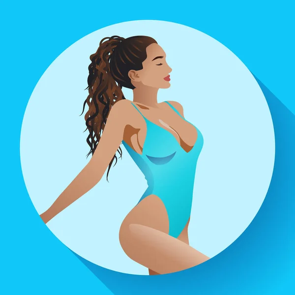 Hermosa chica bronceada con el icono de pelo rizado con sombra larga — Vector de stock