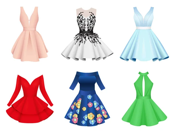 Conjunto de elegantes coloridos vestidos de cóctel de las mujeres — Vector de stock