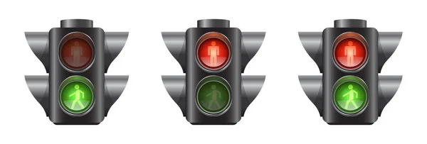 Set Realistic Traffic Lights Pedestrians Red Green Signal Vector Illustration — Stock Vector