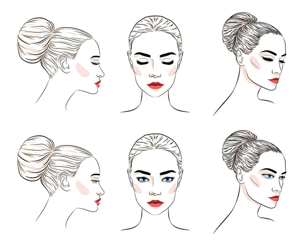 Set de hermosa mujer con peinado de moño y maquillaje elegante — Vector de stock