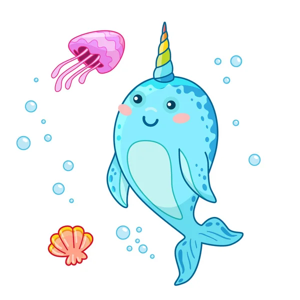 Kartun lucu kawaii narwhals dengan tanduk pelangi, halo gestur laut unicorn ilustrasi lucu - Stok Vektor