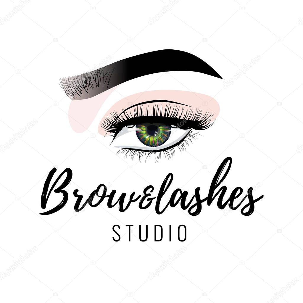 Eyebrow and eyelashes studio logo, beautiful perfect eye makeup design, long black lashes, vector illustration