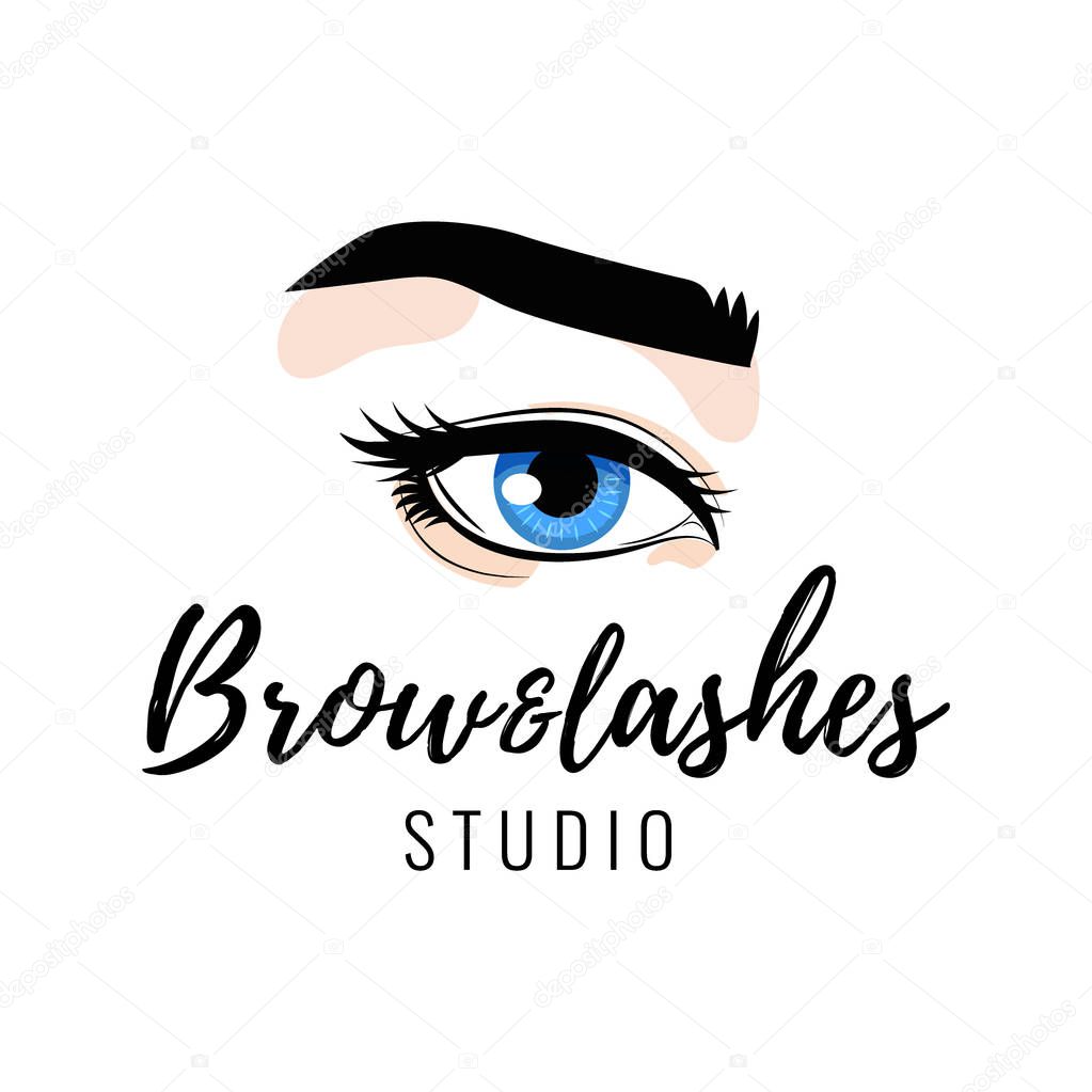 Eyebrow and eyelashes studio logo, beautiful perfect eye makeup design, long black lashes, vector illustration