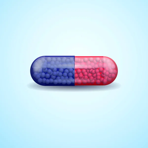 Κόκκινο και μπλε χάπι πλήρη ιατρική κάψουλα με μόρια — Διανυσματικό Αρχείο