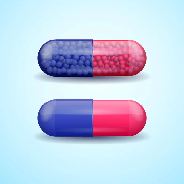 Κόκκινο και μπλε χάπι πλήρη ιατρική κάψουλα με μόρια — Διανυσματικό Αρχείο