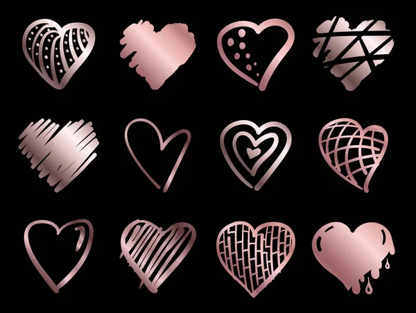 Mano dibujado oro rosa gradiente corazones vector. Elementos de diseño para el día de San Valentín — Archivo Imágenes Vectoriales