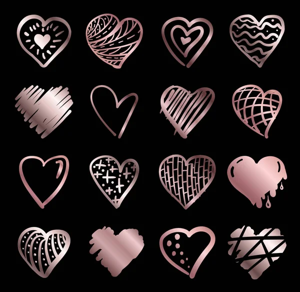 Mano dibujado oro rosa gradiente corazones vector. Elementos de diseño para el día de San Valentín — Archivo Imágenes Vectoriales