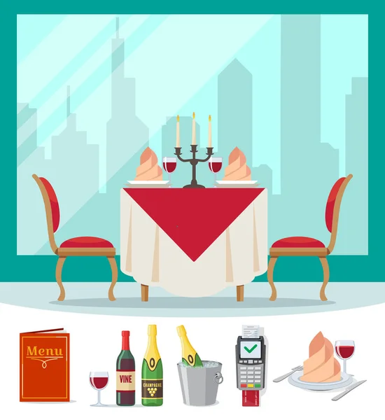 在餐厅的平板式咖啡厅提供餐桌。柔软的椅子、葡萄酒、餐巾纸、烛台和城市背景。两个人向量的表 — 图库矢量图片