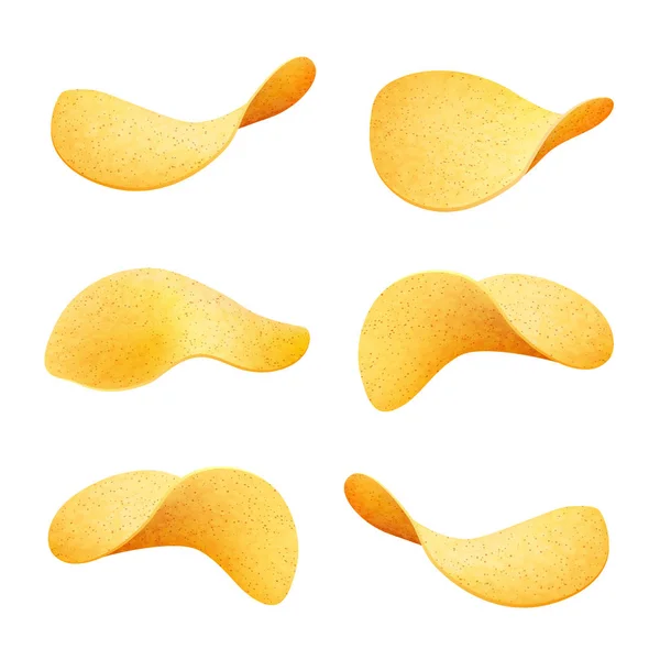 Набор жёлтых хрустящих картофельных чипсов на белом фоне — стоковый вектор