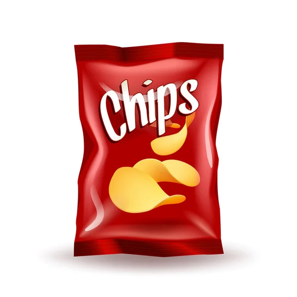 Realistische Attrappe Paket roter Chips mit Etikett isoliert auf weißem Hintergrund — Stockvektor