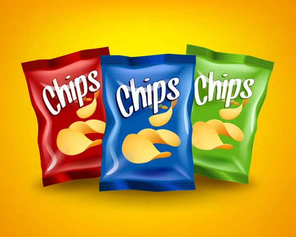 Set roter, blauer und grüner Chips mit gelben knusprigen Snacks, Werbekonzept — Stockvektor