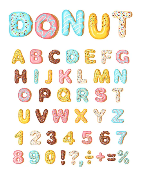 Donut icing latters, font of donuts. Bakery sweet alphabet. Letters and numbers. Donut alphabet and numbers, isolated on white background — Stock Vector