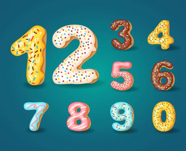 Police des beignets. alphabet sucré boulangerie. Numéros de l'alphabet Donut glaçage couleurs style 0,1,2,3,4,5,6,7,8,9, 0. Illustration vectorielle — Image vectorielle