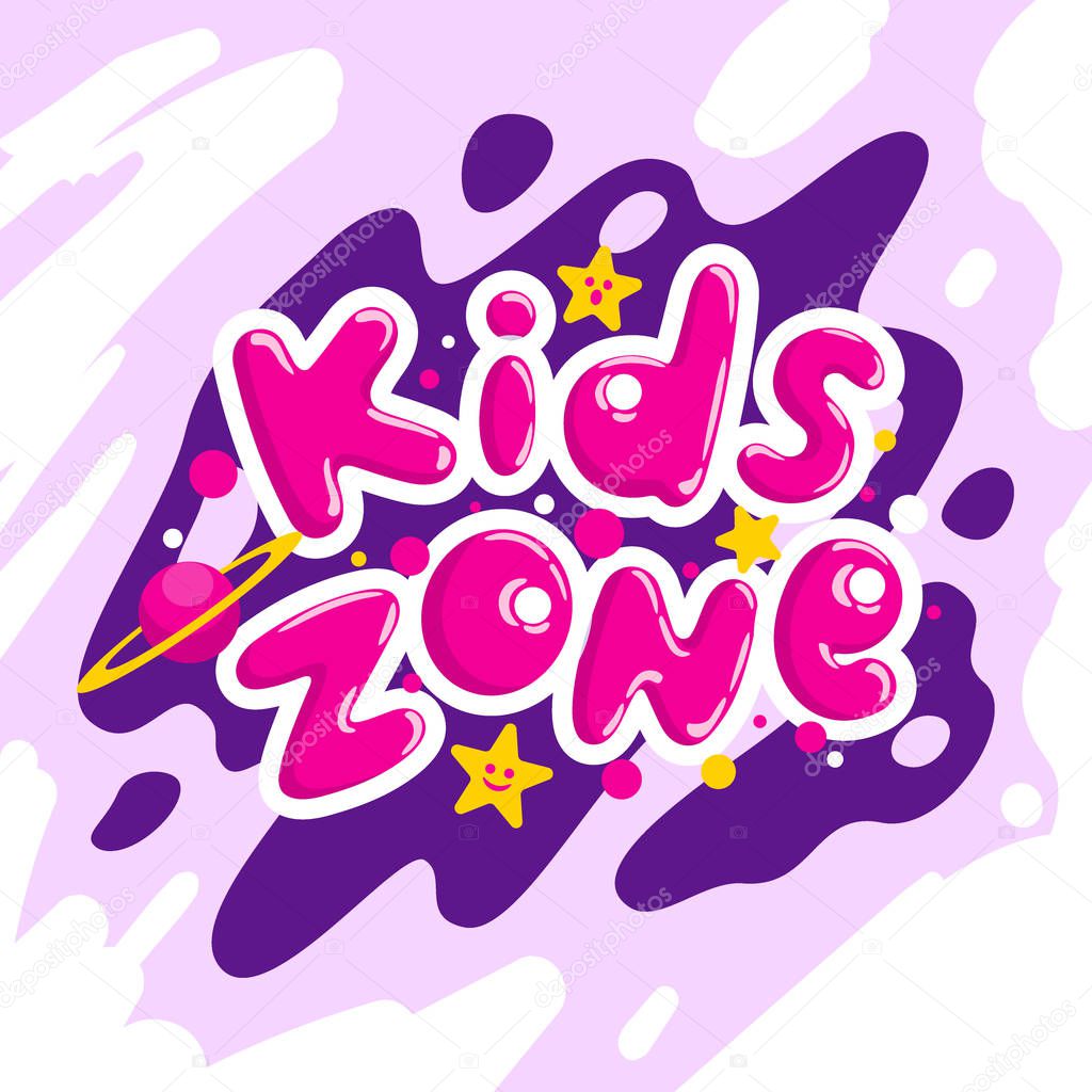 Kids zone vector cartoon logo. Colorful bubble letters for children playroom decoration. Inscription isolated on white background.