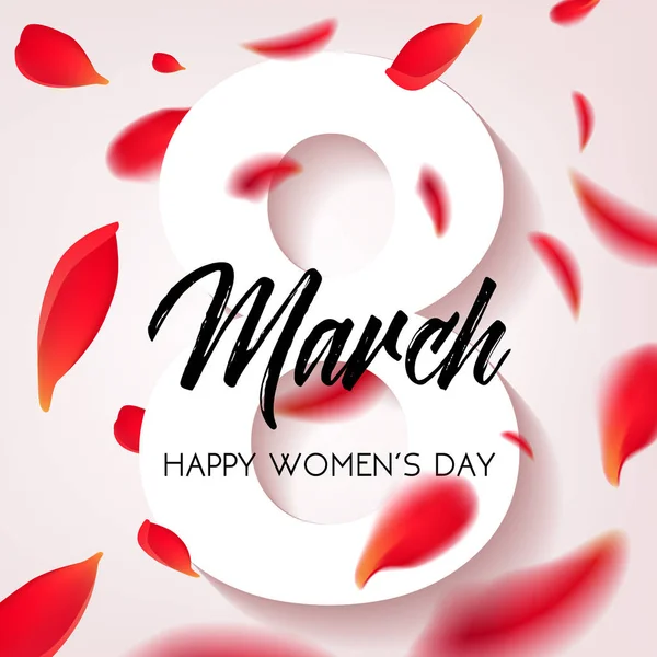 Boldog női napja - március 8-án gratuláló banner szirmok piros rózsa, fehér alapon. Vektoros illusztráció. — Stock Vector