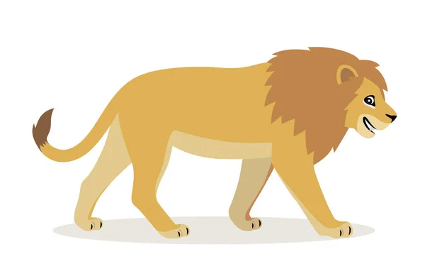 Animal africano, lindo icono león divertido aislado sobre fondo blanco, gran gato salvaje con melena esponjosa, vector — Vector de stock