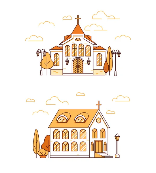 Line art set rumah, gereja-gereja Kristen dengan pohon dan lentera - Stok Vektor