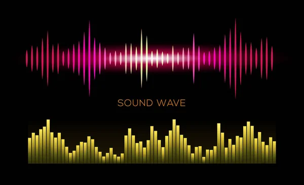 Ondes sonores colorées sur fond noir, lecteur audio, égaliseur — Image vectorielle