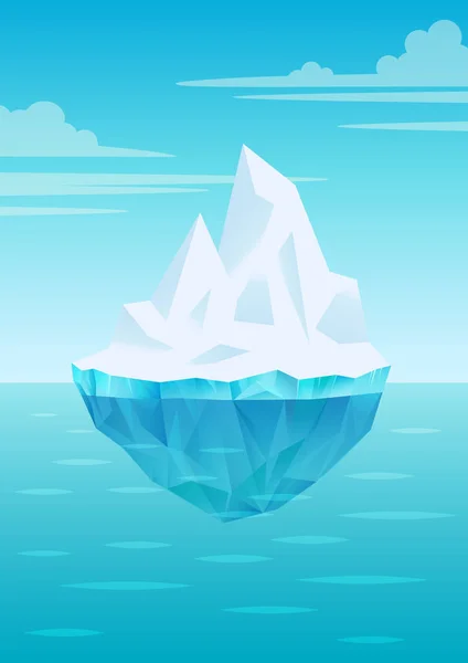 Eisberg schwimmt auf Wasserwellen mit Unterwasserteil, strahlend blauer Himmel mit Wolken, Süßwassereis, Gletscher oder Schelfeis, Vektor — Stockvektor
