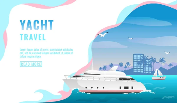 Landing Page Design, Banner mit luxuriösem Yachtreisekonzept, Tourismus, weißes schönes Passagierschiff, Küste mit Wolkenkratzern und Palmen, Vektor — Stockvektor