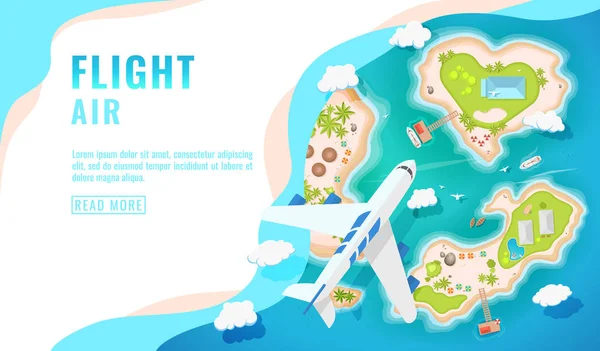 Landing Page Design, Banner mit Flugzeug, das über tropische Insel fliegt, Draufsicht, Passagierflugzeug, Flugzeug, Tourismuskonzept, Vektor — Stockvektor