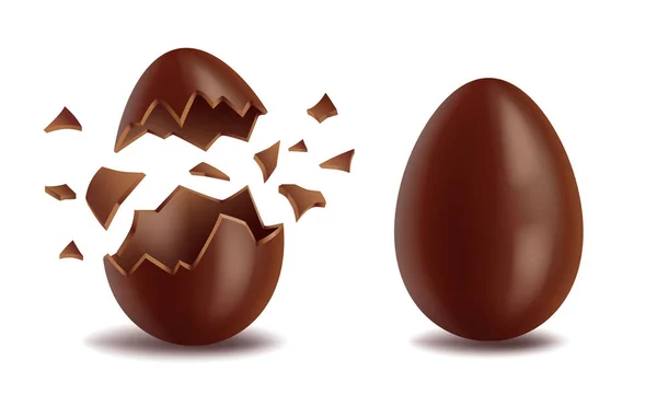 Ovos de chocolate realista conjunto, corretor, explodiu e inteiro, casca de ovo saborosa doce, símbolo de Páscoa, ilustração vetorial isolado em branco —  Vetores de Stock