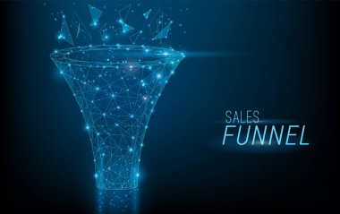 Sales funnel designed in 3D polygonal style,consisting of points, lines, and shapes on dark blue background. Vector big data or sales marketing funnel concept. clipart