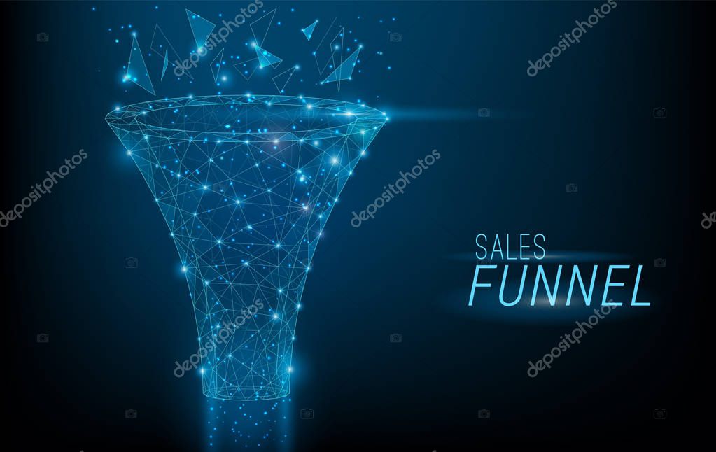 Sales funnel designed in 3D polygonal style,consisting of points, lines, and shapes on dark blue background. Vector big data or sales marketing funnel concept