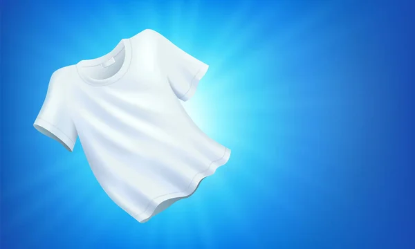 Luminosi vestiti bianchi puliti, lavanderia su sfondo blu — Vettoriale Stock