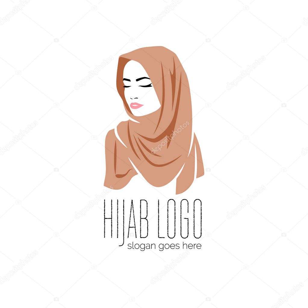 Beautiful woman wearing colorful hijab icon, logo isolated on white background, Muslim veil, vector illustration