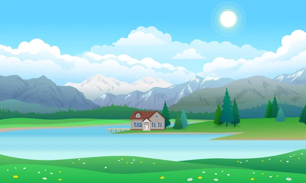 Bellissimo paesaggio con casa sul lago, foresta e montagne — Vettoriale Stock