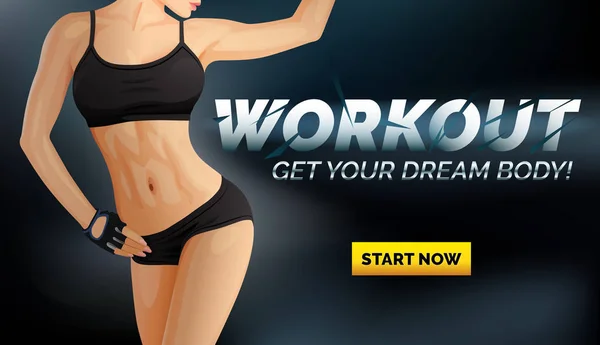 Αφίσα banner γυμναστικής με λεπτό γυναικείο σώμα σε μαύρο εσώρουχο, αθλητική μπλούζα και σορτς, online course διαφήμιση, διάνυσμα — Διανυσματικό Αρχείο