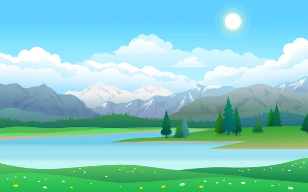 Hermoso paisaje con lago, bosque y montañas — Vector de stock