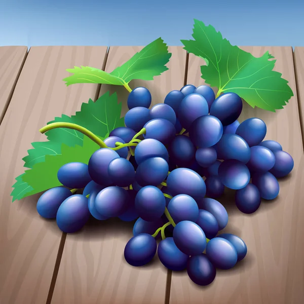Realista cacho de uvas roxas com folhas verdes na textura de madeira — Vetor de Stock